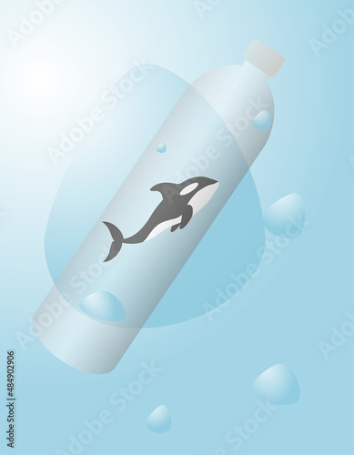 The concept of environmental pollution by plastic. Text Save our Ocean Say no to plastic. Orca in a bottle on a background of blue water. photo