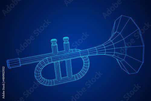 Trumpet pipe fife musiacal instrument. Wireframe low poly mesh vector illustration.