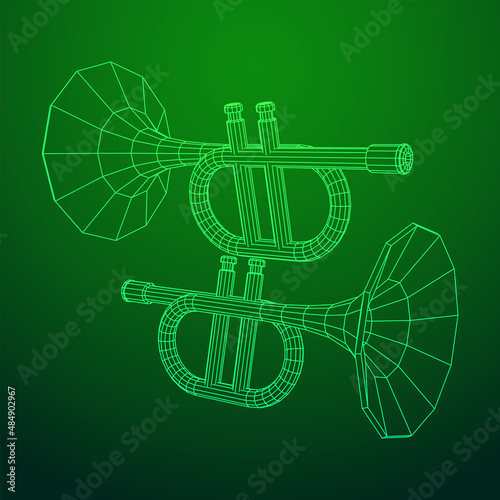 Trumpet pipe fife musiacal instrument. Wireframe low poly mesh vector illustration.
