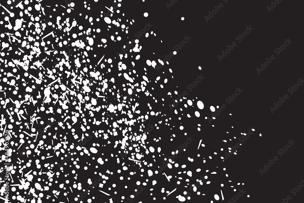 Confetti on isolated dark background. Geometric holiday texture with glitters. Image for banners, posters and flyers. Greeting cards. Black and white illustration Confetti on isolated dark background. Geometric holiday texture with glitters. Image for banners, posters and flyers. Greeting cards. Black and white illustration