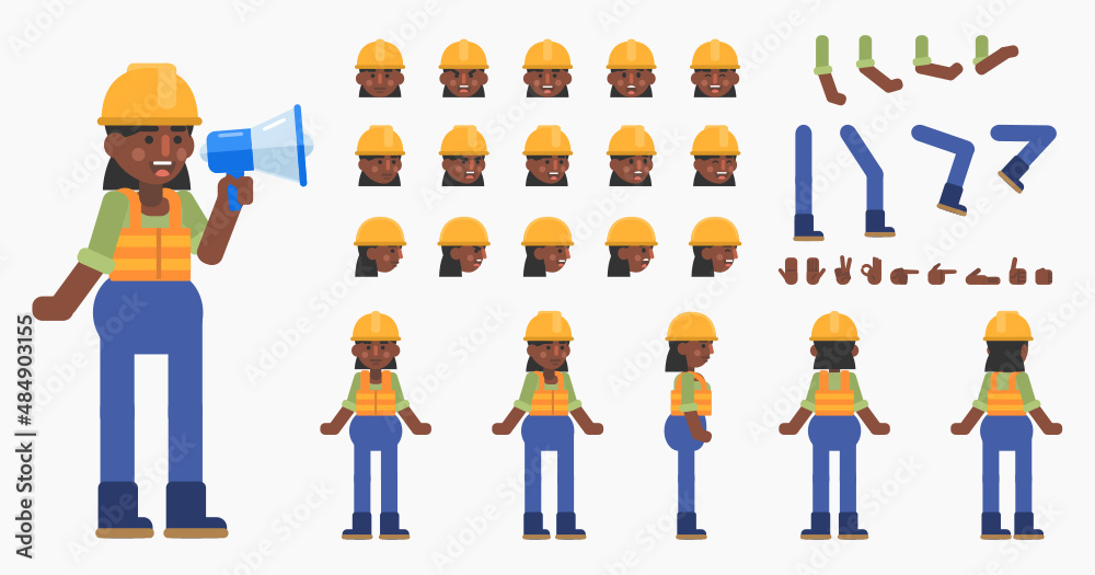 Creation kit of a female construction worker. Modern vector illustration. Create your own pose, action, animation Creation kit of a female construction worker. Modern vector illustration. Create your own pose, action, animation