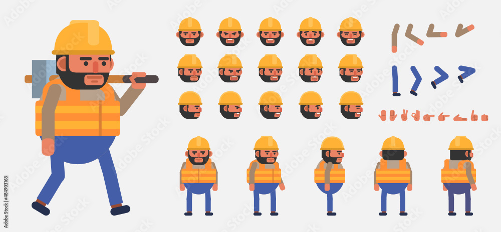 Creation kit of a construction worker. Modern vector illustration. Create your own pose, action, animation