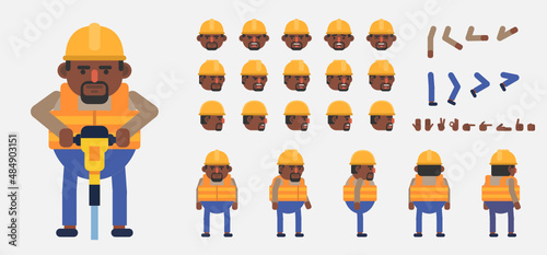 Creation kit of a construction worker. Modern vector illustration. Create your own pose, action, animation