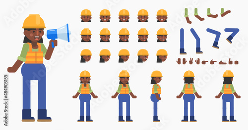 Creation kit of a female construction worker. Modern vector illustration. Create your own pose, action, animation