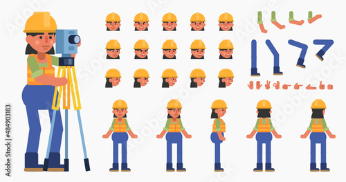 Creation kit of a female construction worker. Modern vector illustration. Create your own pose, action, animation