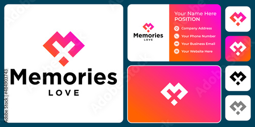 Letter M monogram love logo design with business card template.