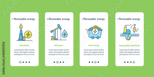 Energy onboarding mobile app screens. Gas power, oil, coal energies. Power stations steps menu. Set of UI, UX, web template with RGB color linear icons