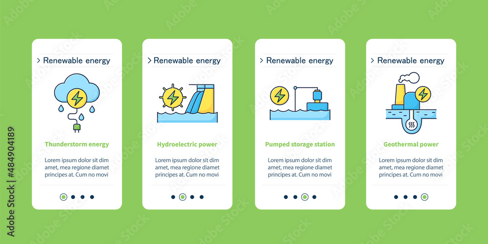 Energy onboarding mobile app screens. Thunderstorm, hydroelectric, pumped storage, geothermal stations steps menu. Set of UI, UX, web template with RGB color linear icons