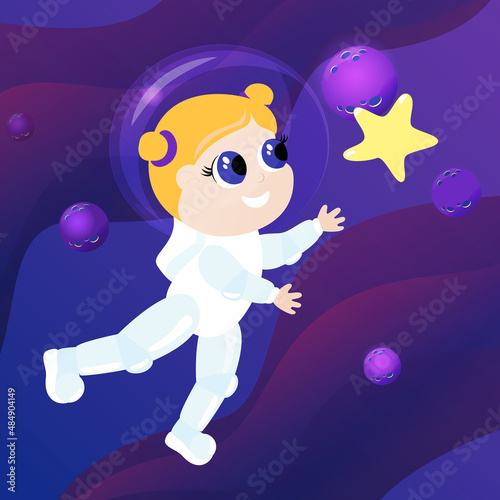 A little charming girl in an astronaut costume with big shining eyes flies after an asterisk in outer space. Space and planets in cartoon style. The mood of joy, fun, childhood and dreams.