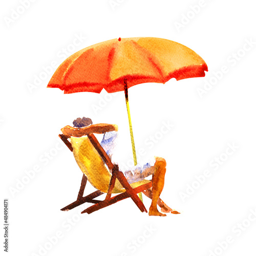 Canvas Print Man is resting on deck chair under umbrella, summer holiday, relax, vacation and