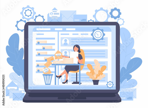 Woman is sitting at a table and sorting letters. Girl throws the letters into the trash. In the background is a large laptop with an open mail program. Vector illustration in flat style