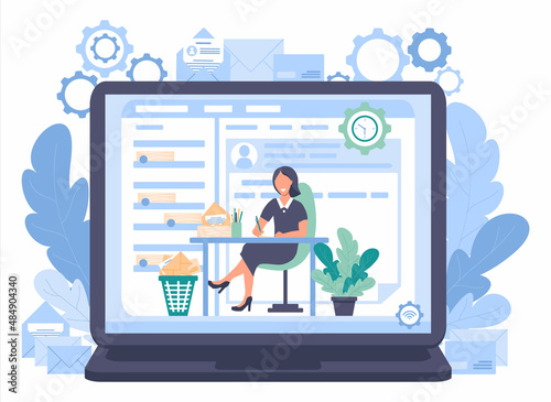 Woman is sitting at a table and writing letters with a pen. In the background is a large laptop with an open mail program. There's a stack of letters on the table. Vector illustration in flat style