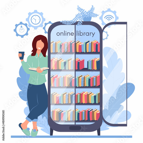 Girl stands with a book in her hands near a large smartphone in the form of an open bookcase. Woman choosing a book in an online library via smartphone application. Vector illustration in flat style