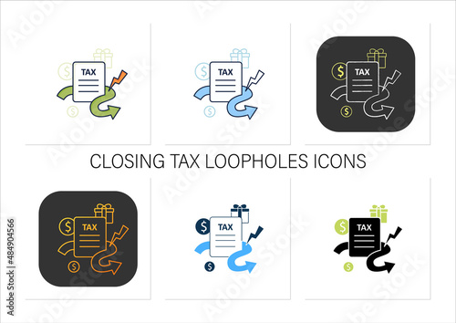 Closing tax loopholes icons set. Tax declaration. Help raise significant revenue.Universal basic income.Collection of icons in linear, filled, color styles.Isolated vector illustrations