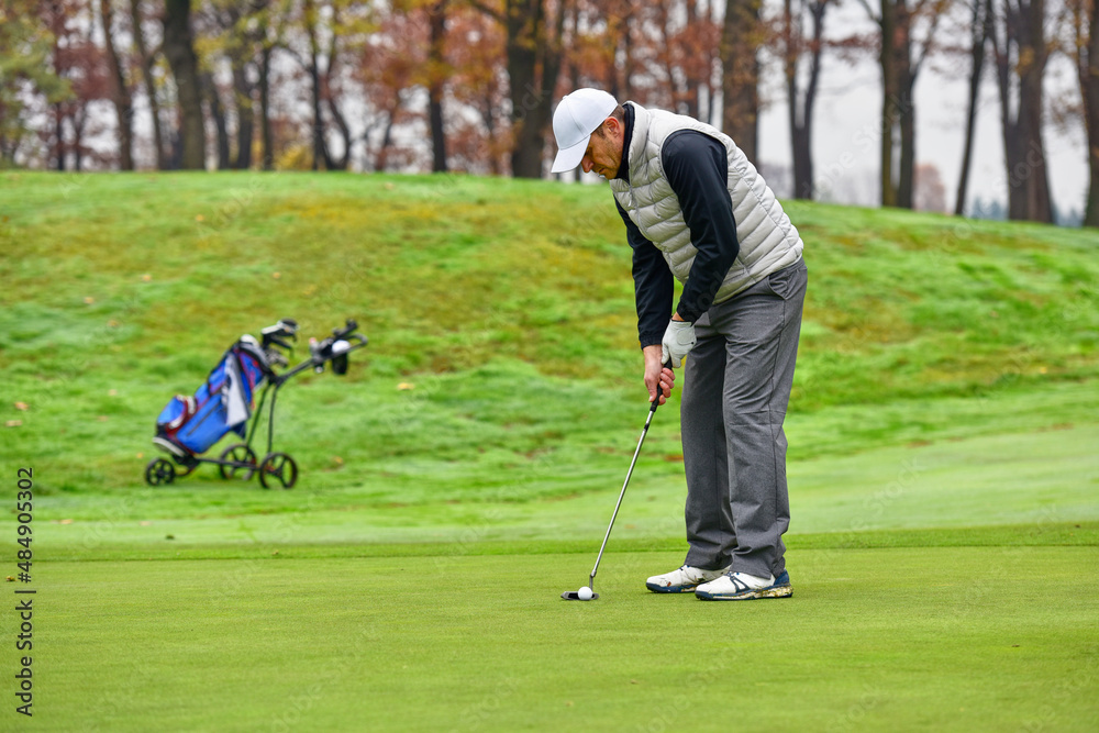 Fototapeta premium A golfer on the green evaluates the slopes and distance to the hole before aiming the ball towards the flag.