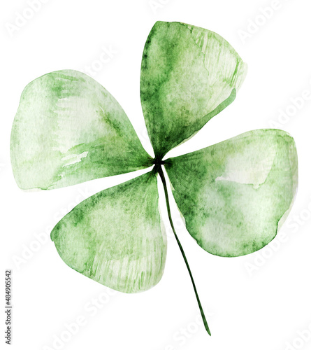 Four leaf clover isolated watercolor element. Template for decorating designs and illustrations.
