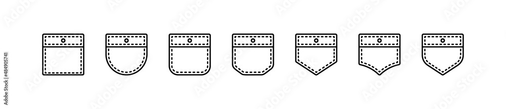 Fototapeta premium Patch Pocket. Jacket, Trousers, Dress, Jacket, Jeans, Coat, Shirt. Set of vector icons in linear style isolated on white background.