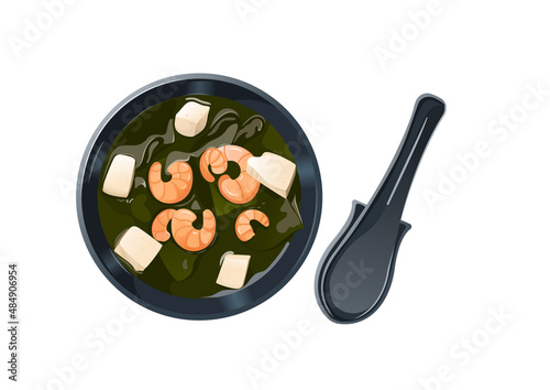 Miso soup in a black bowl. Soup spoon. Tofu. Restaurant poster. Isolated on white background. Cartoon style. Japanese food. Asian food. Japanese food. Vector illustration