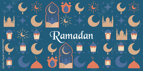 Ramadan Kareem. Mosque. Islamic greeting card template with ramadan for wallpaper design. Poster, media banner. Vector illustration.