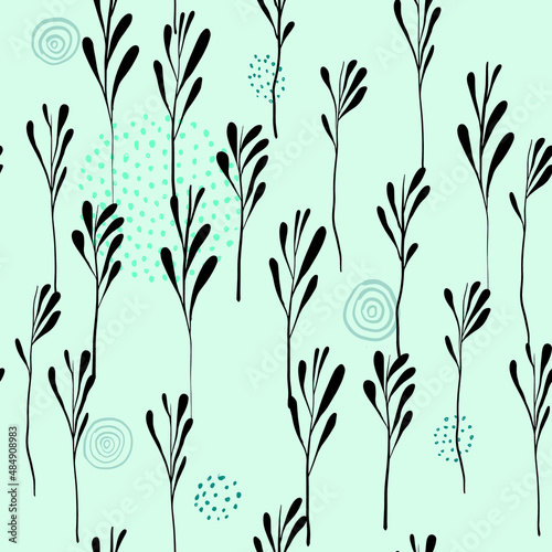 Abstract plants on a green background with circles and dots. Vector seamless pattern. Stylish, simple, modern and versatile.