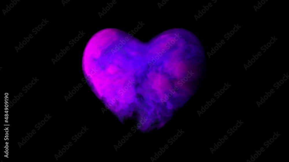 Valentines Day heart exploding with colourful smoke over black background - additional alpha for overlay and compositing.