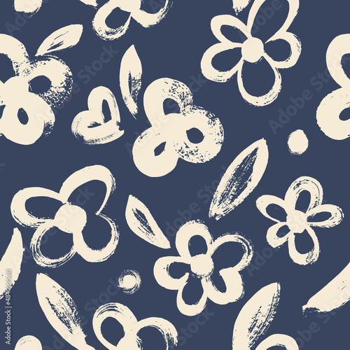 Seamless pattern with flowers. Dry brush. Monochrome background.