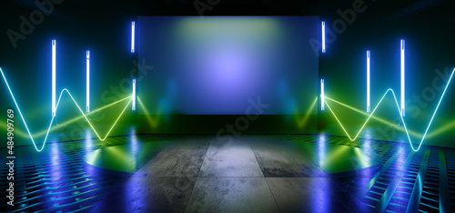 Fototapeta Naklejka Na Ścianę i Meble -  Sci Fi Futuristic Podium Showcase Room Stage Grunge Garage Big Display Neon Laser Glowing Lines Blue Green Color Empty Corridor Tunnel 3D Rendering
