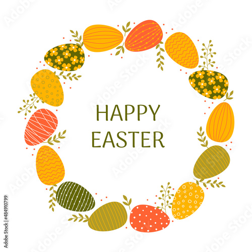 WebHappy Easter greeting card template. Yellow, green and red decorated Easter eggs and branches in flat style photo