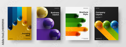 Minimalistic realistic spheres pamphlet concept composition. Colorful cover A4 design vector layout collection.