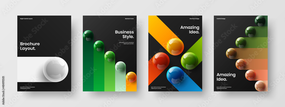 Bright 3D balls company brochure concept set. Unique corporate cover A4 design vector layout composition.