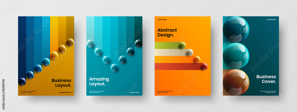 Original corporate cover A4 design vector layout set. Premium 3D balls pamphlet concept composition.