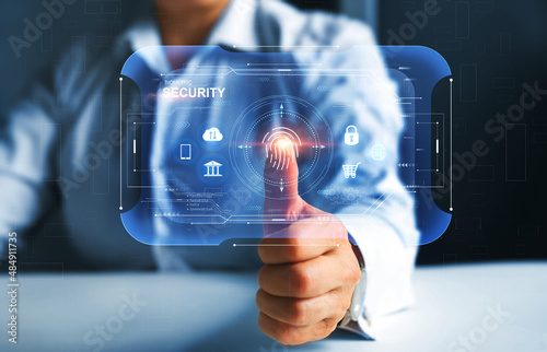 Biometrics security  innovation technology. Person using fingerprint indentification to personal access data on virtual screen. Electronic customer scanning. Evolution technology. photo