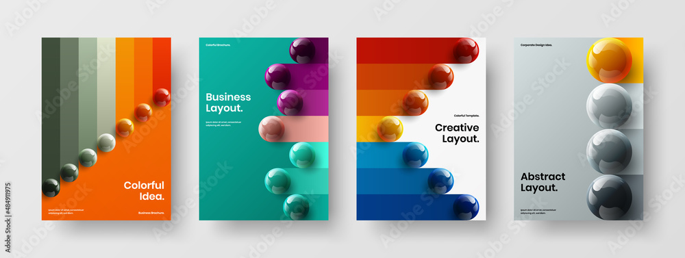 Abstract magazine cover vector design layout bundle. Amazing realistic balls corporate identity concept collection.