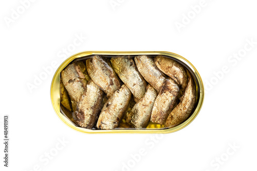 Open tin can of sardines on a white background. Fish sprats in a metal jar isolated. Top view, from above.