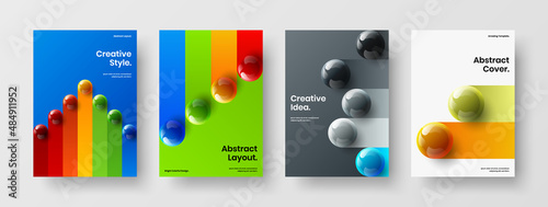 Multicolored poster A4 design vector concept collection. Isolated 3D spheres annual report template bundle.