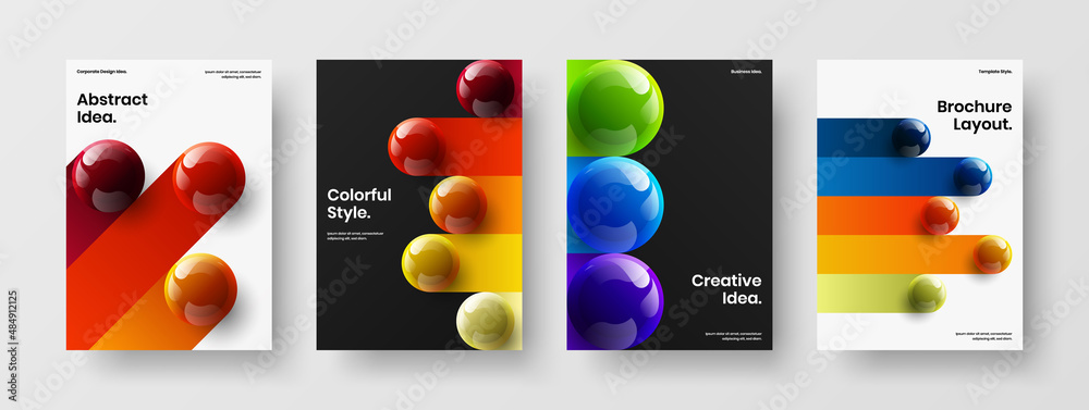 Geometric flyer A4 vector design concept collection. Original 3D spheres corporate cover template bundle.