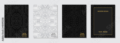 Cover design set, vertical templates. Collection of embossed white and black backgrounds, original art deco. Geometric ethnic 3d pattern. Handmade style of the peoples of the East, India, Mexico, Azte