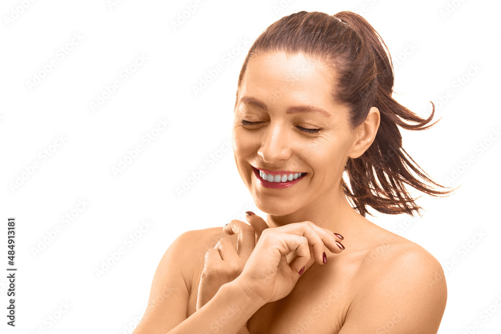 Skin care concept - portrait of a smiling 40 years old woman with closed eyes. Skin care concept - portrait of a smiling 40 years old woman with closed eyes.