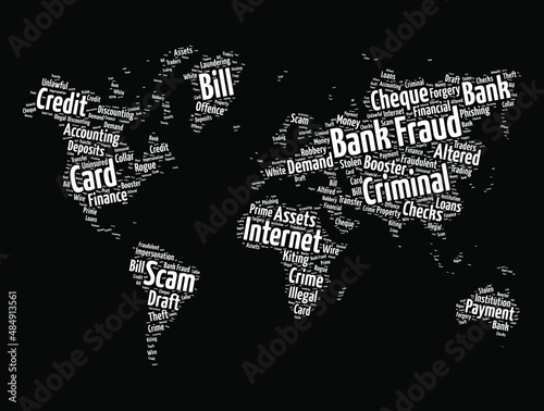 Bank fraud word cloud in shape of world map, business concept background