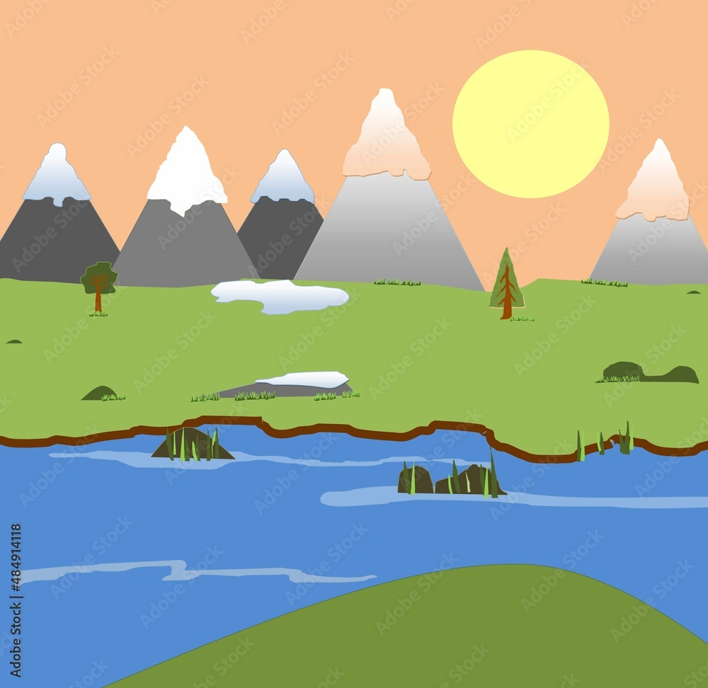 landscape with mountains ,river,sun landscape with mountains ,river,sun
