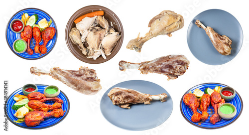 set of various boiled chicken and turkey legs