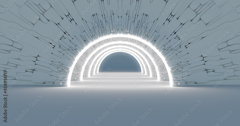 Naklejka premium 3d rendering. Marble corridor with columns stretching into the distance with neon lights on the sides. Background for your design.