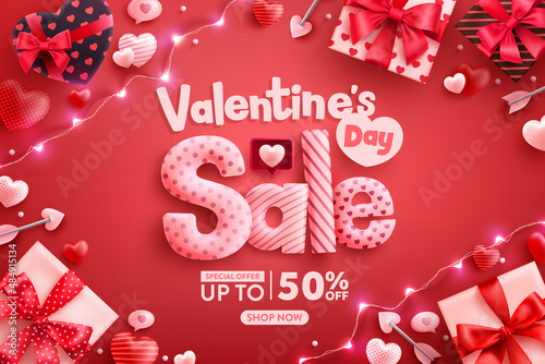 Valentine's Day Poster with cute heart,gift box and valentine's day elements on red background.Promotion and shopping template for Love and Valentine's day concept.