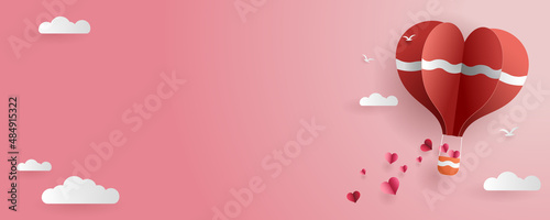 Paper cut love and valentines day, origami lovers with balloons floating above the clouds.