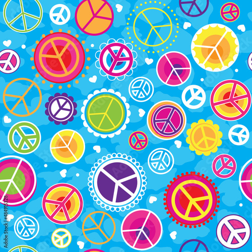 Seamless Vector Pattern of Peace Signs in Bright Tween Colors.