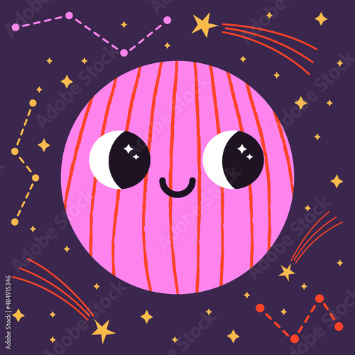 Vector illustration of abstract planet on dark background with constellation and stars. Cartoon space element. Cute bizarre cosmic character with face expression