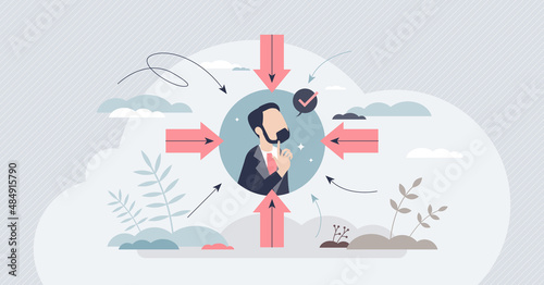 Customer centric strategy and buyer focused approach tiny person concept. Cooperation mission and objective for best consumer satisfaction and feedback as central target point vector illustration. photo