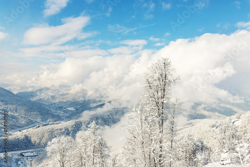 Scenic over cloud view of many trees covered fresh hoar frost snow forest mountain peaks, resort village clear blue sky bright cold sunny winter day. Natural woods cold weather wallpaper background © Kirill Gorlov