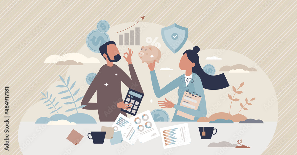 Financial planning and family money budget strategy tiny person concept. Personal accounting with earnings and expenses balance control vector illustration. Smart and responsible income management.