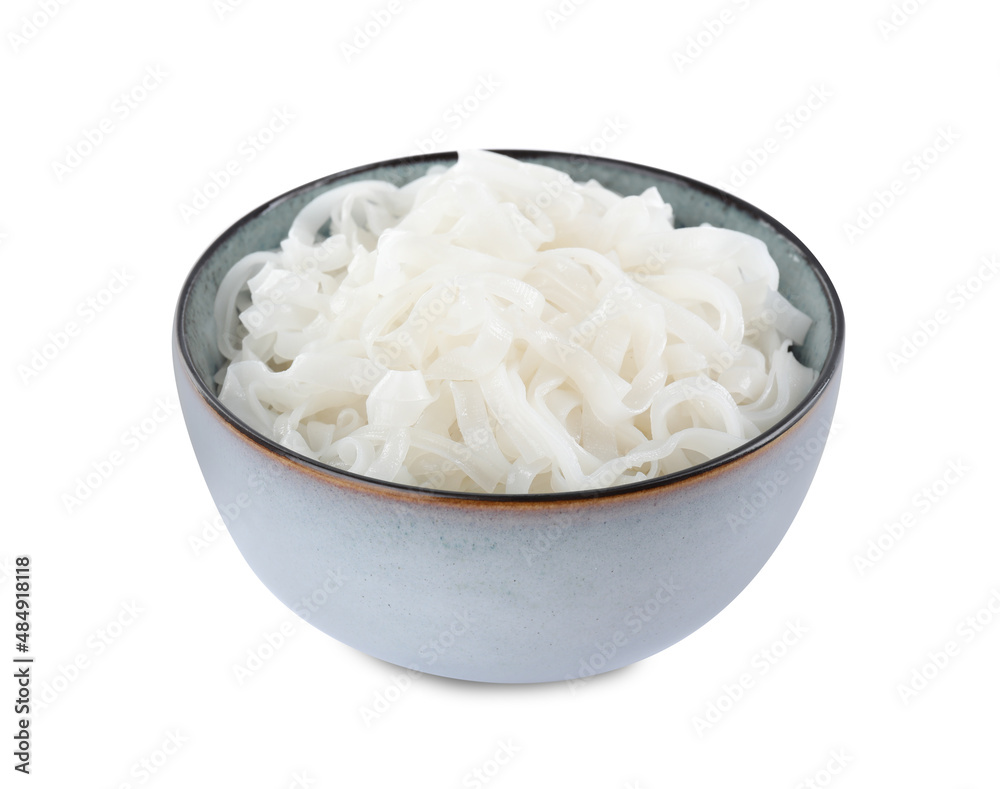 Bowl of tasty cooked rice noodles isolated on white Bowl of tasty cooked rice noodles isolated on white